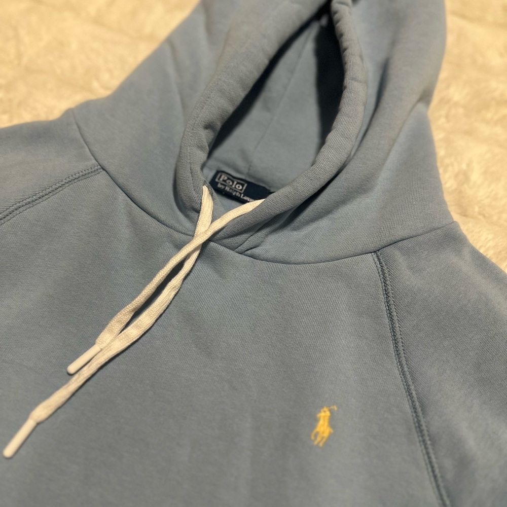 Ralph Lauren Cut-Off Cuff Fleece Hoodie in baby blue cotton blend.